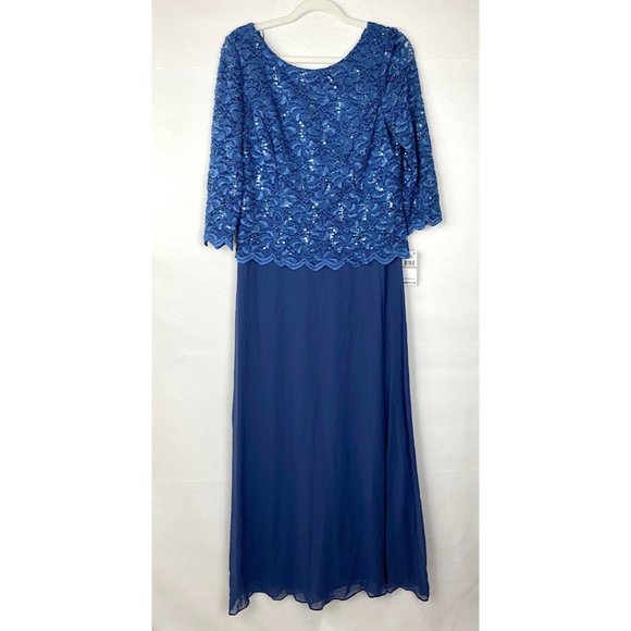 Alex Evenings Mock Two-Piece Sequin Chiffon Gown Lace Dress Wedgewood 12 - Picture 4 of 11